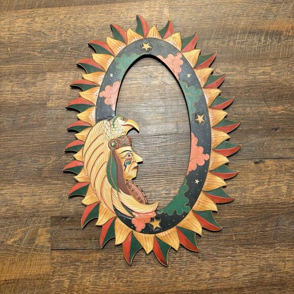 Large Aztec Carved Wood Sun God Tonatiuh Mexican Folk Art Wall MISSING MIRROR